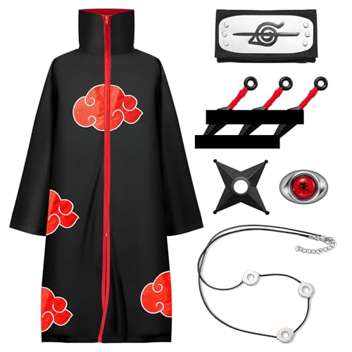 Kitimi Akatsuki Mantel für Kinder Erwachsener, 8 Stück Unisex Itachi Kostüm Anime Cosplay, Halloween Umhang mit Stirnband Ring Halskette Zubehör, Junge Cosplay für Karneval Halloween Weihnachten Party von Kitimi