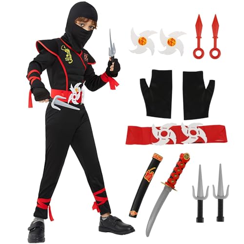 Kitimi Onesie Ninja Kostüm Kinder Schwarz Rot, 16 Stück Ninja Karneval Kinder Kostüm Set mit Ninja Schaumstoff Zubehör Katana Schwert Ninja Kostüm für Jungen Mädchen Cosplay Kung Fu Party Verkleidung von Kitimi