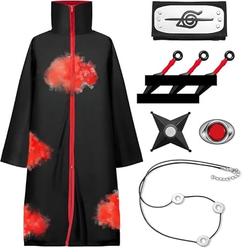 Kitimi Mantel Umhang für Kinder Erwachsener, 8 Stück Unisex Kostüm Anime Cosplay Halloween Herren Umhang mit Stirnband Ring Halskette Zubehör Junge Cosplay für Karneval Halloween Weihnachten Party von Kitimi