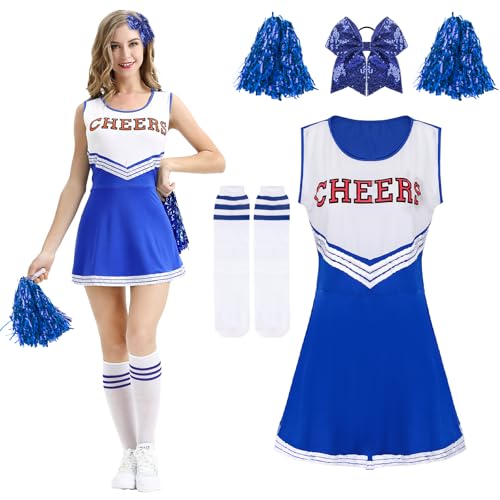 Kitimi Cheerleader Kostüm Damen für Erwachsene, Cheerleadering Outfit Fancy Dress Uniform mit Pompoms Haargummi Socken, High School Cheerleader Kostüm für Verkleidung Karneval Party Cosplay Fasching von Kitimi