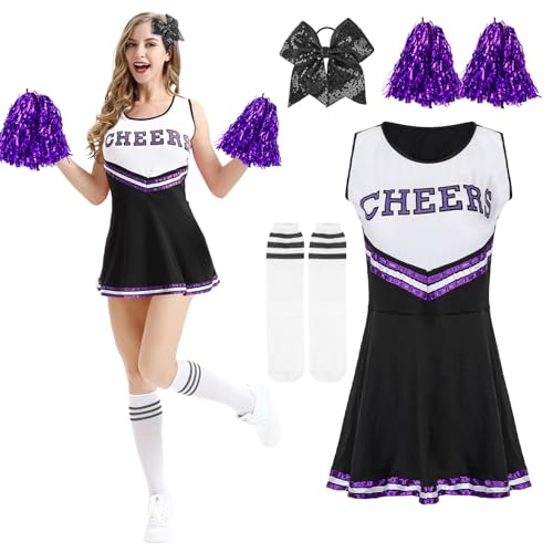 Kitimi Cheerleader Kostüm Damen für Erwachsene, Cheerleadering Outfit Fancy Dress Uniform mit Pompoms Haargummi Socken, High School Cheerleader Kostüm für Verkleidung Karneval Party Cosplay Fasching von Kitimi