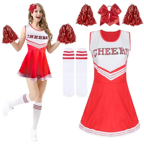 Kitimi Cheerleader Kostüm Damen für Erwachsene, Cheerleadering Outfit Fancy Dress Uniform mit Pompoms Haargummi Socken, High School Cheerleader Kostüm für Verkleidung Karneval Party Cosplay Fasching von Kitimi