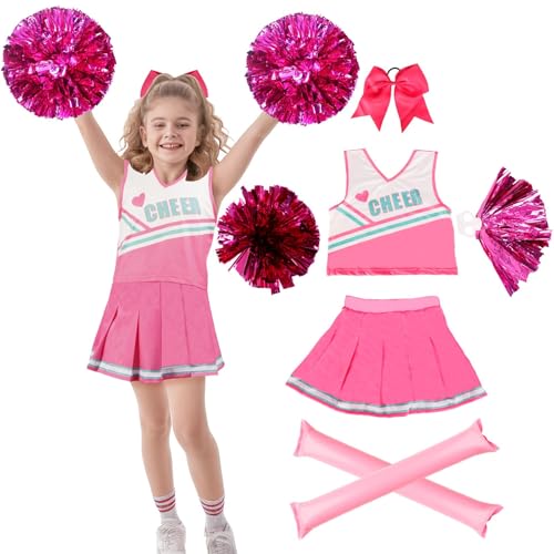 Kitimi Cheerleader Kostüm Kinder Mädchen, Kinderkostüm Cheerleadering Outfit Mädchen Schulkind Uniform Crop Tops mit Rock Pompoms Haargummi Cheer Sticks für Karneval Fasching Party Verkleidung Cosplay von Kitimi