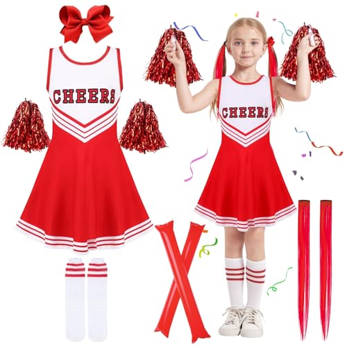 Kitimi Cheerleader Kostüm Kinder Mädchen, Kinderkostüm Cheerleadering Outfit Schulkind Mädchen Uniform Kleid mit Pompoms Socken Haarspangen Cheer Sticks für Karneval Fasching Party Verkleidung Cosplay von Kitimi