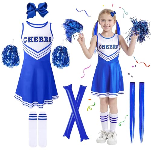 Kitimi Cheerleader Kostüm Kinder Mädchen, Kinderkostüm Cheerleadering Outfit Schulkind Mädchen Uniform Kleid mit Pompoms Socken Haarspangen Cheer Sticks für Karneval Fasching Party Verkleidung Cosplay von Kitimi