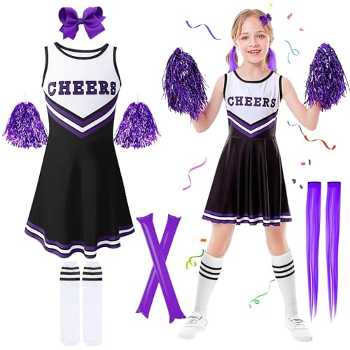 Kitimi Cheerleader Kostüm Kinder Mädchen, Kinderkostüm Cheerleadering Outfit Schulkind Mädchen Uniform Kleid mit Pompoms Socken Haarspangen Cheer Sticks für Karneval Fasching Party Verkleidung Cosplay von Kitimi