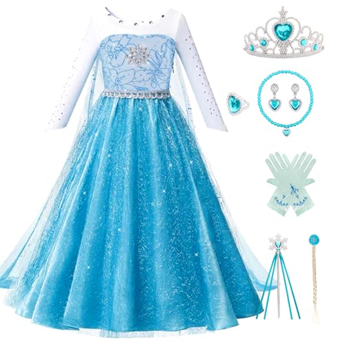 Kitimi ELSA Kleid Prinzessin Kostüm Mädchen- Prinzessin Kleid Kinder mit Krone Zauberstab Halsketten-Eiskönigin Kostüm Dress Lang Elsprinzessin Kostüm für Weihnachten Cosplay Karneval Party Geburtstag von Kitimi