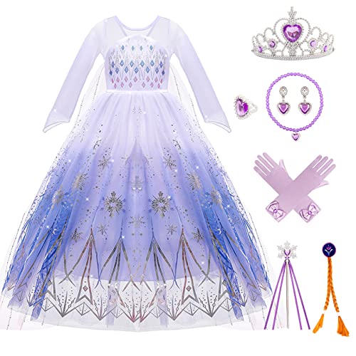 Kitimi Elsa Kleid Prinzessin Kleid Mädchen mit Krone Zauberstab Halsketten, Eiskönigin Elsa Kostüm Mädchen Abendkleid Lang Prinzessin Kostüm Dress für Weihnachten Cosplay Karneval Geburtstag Party von Kitimi