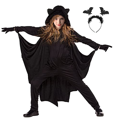 Kitimi Fledermaus Kostüm Kinder Mädchen Jungen - Halloween Fledermaus Cape mit Umhang Stirnband Handschuhe Kinder Fledermauskostüm Vampir Kostüm Cosplay Party Overall für Fasching Karneval Kostüm(M) von Kitimi