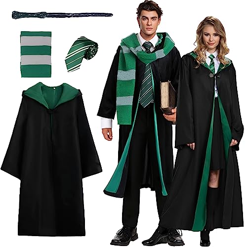 Kitimi GreenM Magic Robe, Umhang, 5PCS Zauberer Cosplay Kostüm für Erwachsene, with Cape, Magic Wand, Glasses, Scarf, Tie, Halloween Wizard Costume for Cosplay, Carnival, Fancy Dress von Kitimi