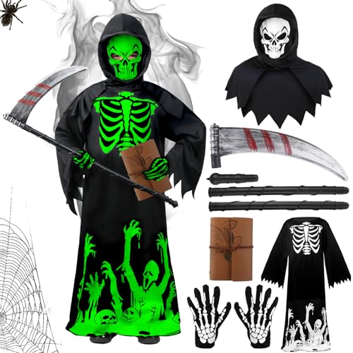 Kitimi Halloween-Kostüm für Kinder, 5-teilig, für Jungen und Mädchen, Halloween-Kostüm, leuchtet im Dunkeln, Sensenmann-Outfit mit Sense, leuchtenden Handschuhen, Notizbuch für Party, Fasching Kitimi Halloween-Kostüm für Kinder, 5-teilig, für Jungen und Mädchen, Halloween-Kostüm, leuchtet im Dunkeln, Sensenmann-Outfit mit Sense, leuchtenden Handschuhen, Notizbuch für Party, Fasching von Kitimi