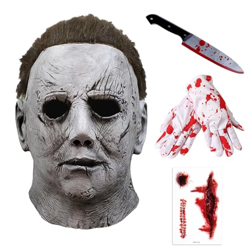 Kitimi Halloween Maske Erwachsene Set, Vollkopfmasken mit Halloween Messer Narbe Tattoos Aufkleber Blut Handschuhe, Halloween Horror Kostüm Cosplay Verkleidung Thema Party Outfits Zubehör Kitimi Halloween Maske Erwachsene Set, Vollkopfmasken mit Halloween Messer Narbe Tattoos Aufkleber Blut Handschuhe, Halloween Horror Kostüm Cosplay Verkleidung Thema Party Outfits Zubehör von Kitimi