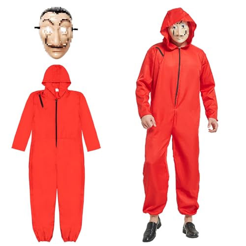 Kitimi Haus Kostüm des Geldes mit Cosplay Maske, Roter Overall mit Kapuze Herren, Bankräuber Kostüm Erwachsene, Karneval Halloween Kostüm Herren Damen von Kitimi