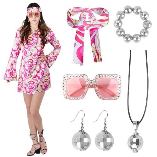 Hippie D1 6PCS Hippie Kostüm Damen, 60er 70er Jahre Outfit Damen, Hippie Stirnband+Haarband+Brille+Halskette+Ohrringe, Disco Outfit Hippie Accessoires Damen, Damen Kleid für Karneval Party von Kitimi