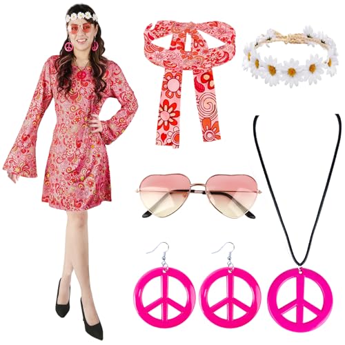 Hippie D10 6PCS Hippie Kostüm Damen, 60er 70er Jahre Outfit Damen, Hippie Stirnband+Haarband+Brille+Halskette+Ohrringe, Disco Outfit Hippie Accessoires Damen, Damen Kleid für Karneval Party von Kitimi