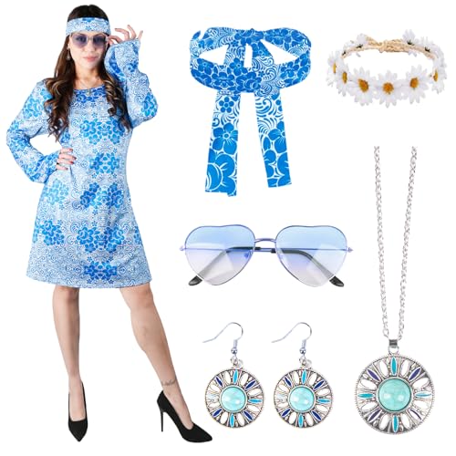 Hippie D13 6PCS Hippie Kostüm Damen, 60er 70er Jahre Outfit Damen, Hippie Stirnband+Haarband+Brille+Halskette+Ohrringe, Disco Outfit Hippie Accessoires Damen, Damen Kleid für Karneval Party von Kitimi