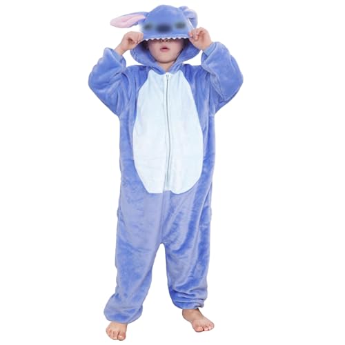 Kitimi Kinder Onesie Jumpsuit Jungen Mädchen mit Kapuze- Tier Schlafanzug Schlafoverall Anzug Pyjama Kleidung Outfit Fleece Sleepwear Kinder Kostüm Overall Halloween Cosplay Verkleidung Karneval Party von Kitimi