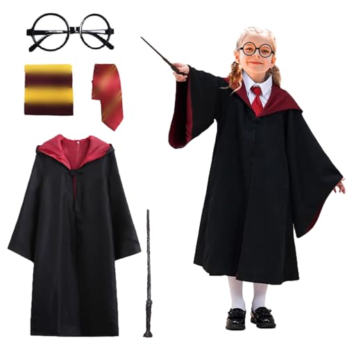 Kitimi Magic Robe, Harr Umhang, 5PCS Umhang Kinder Zauberer Cosplay Kostüm Set for Boys and Girls, with Magic Wand, Scarf, Tie,Glasses, Wizard Costume for Cosplay Halloween, Carnival, Fancy Dress von Kitimi