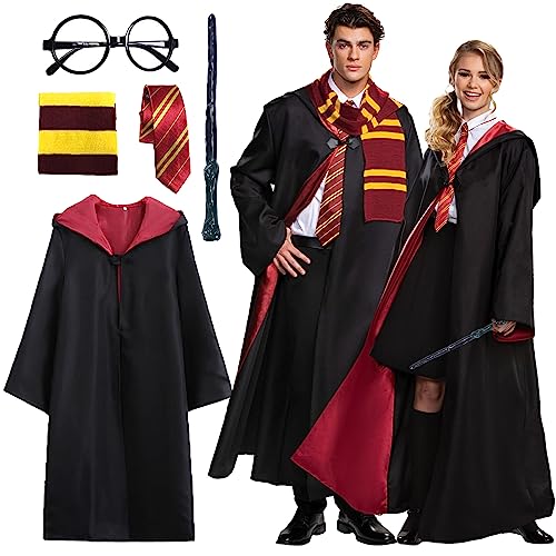 Kitimi Magic Robe, Umhang, 4PCS Zauberer Cosplay Kostüm für Erwachsene, with Cape, Magic Wand, Glasses, Scarf, Tie, Halloween Wizard Costume for Cosplay, Carnival, Fancy Dress von Kitimi