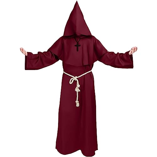 Kitimi Mönch Robe Kostüm Priester Kostüm Halloween, Mittelalterliche Renaissance Robe mit Kapuze Kordel Halskette, Hooded Mönch Gewand Mönchskostüm für Herren Cosplay Karneval Fasching Rollenspiel von Kitimi