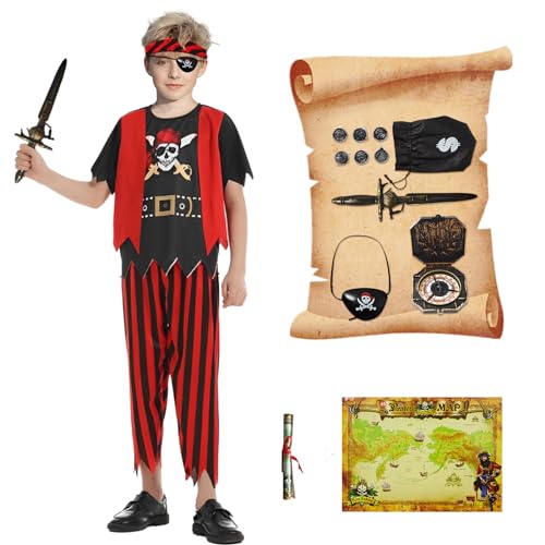 Kitimi Piratenkostüm Kinder Jungen Mädchen- Piraten Zubehör Accessoires Pirat Kostüm für Halloween Cosplay Karneval Geburtstag Party Piraten Rollenspiel Kit mit Augenklappe Kompass Geldbeutel Ohrring von Kitimi