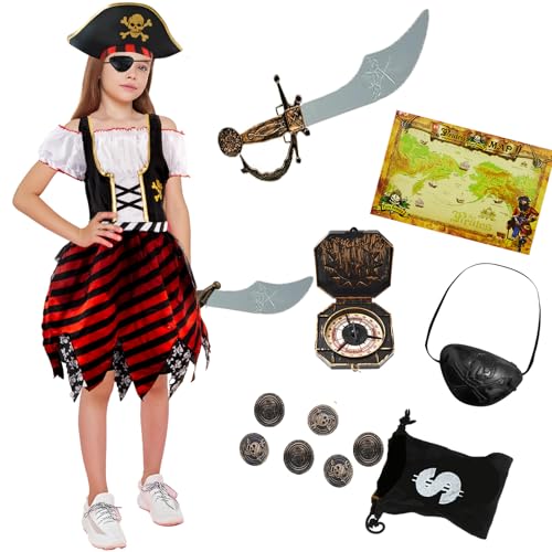 Kitimi Piratenkostüm Mädchen Kinder mit Piraten Zubehör Accessoires Piraten Kleid Piraten Hut Pirat Augenklappe Kompass Geldbeutel Ohrring für Cosplay Halloween Karneval Fasching Party Piraten Kostüm von Kitimi