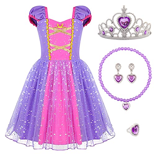 Kitimi Rapunzel Kostüm Kinder Prinzessin Kleid Mädchen mit Krone/ Kette/ Ohrringe/ Ring, Faschingskostüme Kinder Glitzer Kleid für 3 4 5 6 7 8 Jahre Geburtstag, Karneval, Halloween, Weihnachten von Kitimi