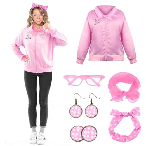 Kitimi Rosa Damen Jacke Fett Erwachsene Fett Verkleidung Frauen 1950er Jahre Zubehör für Frauen Enthalten Cat Eye Brille, Polka Dot Stirnband, Seidenschal und Ohrringe, Rosa Damen Kostüm von Kitimi