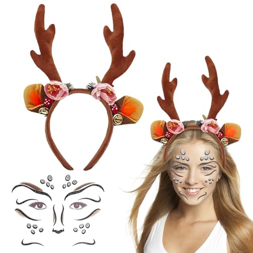 Rentier Karneval Kostüm Damen Mädchen, Rentier Haarreifen Accessoire, Mädchen Reh kostüm Kopfschmuck Haarreifen mit Gesichtstattoo von Kitimi