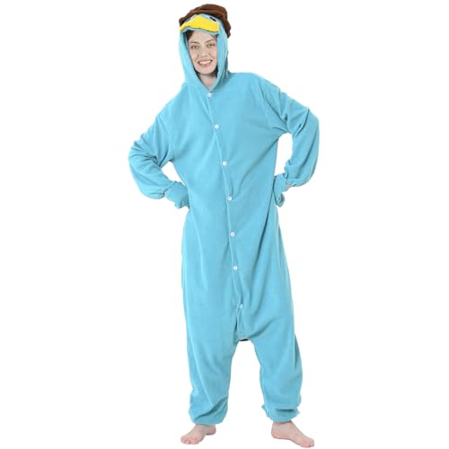 bule l Onesie Kostüm Schlafanzug, Onesie Kostüm Erwachsene mit Kapuze, Tier Jumpsuit Kostüm Erwachsene Cosplay Karneval Halloween Pyjama Weihnachten Party kuschelig Schlafanzüge für Herren Damen von Kitimi