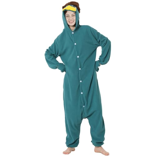 green l Onesie Kostüm Schlafanzug, Onesie Kostüm Erwachsene mit Kapuze, Tier Jumpsuit Kostüm Erwachsene Cosplay Karneval Halloween Pyjama Weihnachten Party kuschelig Schlafanzüge für Herren Damen von Kitimi