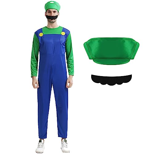 Mari Kostüm Erwachsene Kinder, Kostüm mit Bodysuit, Luigi Cap, Hose und Handschuhen, Karneval Halloween Cosplay Kostüm Dekoration für Junge Mädchen Kinder Erwachsene(Grün,L) von Kitimi