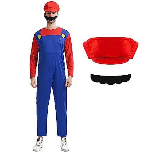 Kostüm Erwachsene Kinder, Kostüm mit Bodysuit, Luigi Cap, Hose und Handschuhen, Karneval Halloween Cosplay Kostüm Dekoration für Junge Mädchen Kinder Erwachsene(Rot,L) von Kitimi