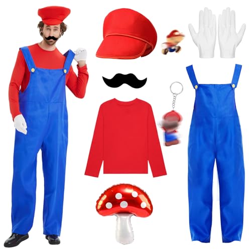 Kostüm Erwachsenen Cosplay Kostüm, Brothers Cosplay Kostüm Rot Klempner Kostüm Set mit T-Shirt Hosen Mütze Schnurrbart und Schlüsselanhänger, Karneval Halloween Kostüm von Kitimi