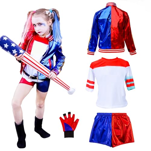 Quin-n Kostüm Kinder Damen Halloween Kostüm Kinder Erwachsene Cosplay-Kostüm Mädchen mit Handschuhe Jacke T-shirt Shorts Halskette Halloween Karneval Cosplay(120) von Kitimi