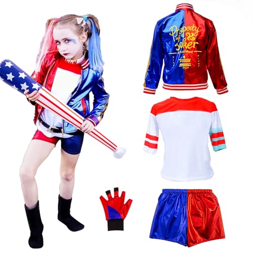 Quin-n Kostüm Kinder Damen Halloween Kostüm Kinder Erwachsene Cosplay-Kostüm Mädchen mit Handschuhe Jacke T-shirt Shorts Halskette Halloween Karneval Cosplay(130) von Kitimi