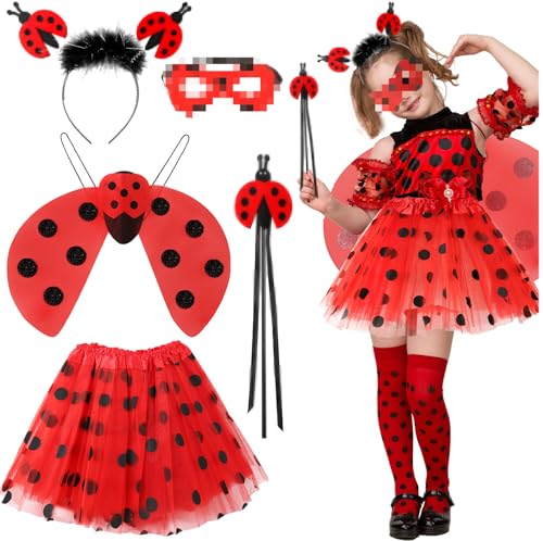 Kinder Marienkäfer Tutu Rock Set 5 Stück Marienkäfer Kostüm, Mädchen Lay-bug Kostüm Mit Einem Zauberstab, Stirnband, Flügeln und Augenmaske, Cosplay Fairy Dance Rock Für Fasching Karneval Party von Kitimi