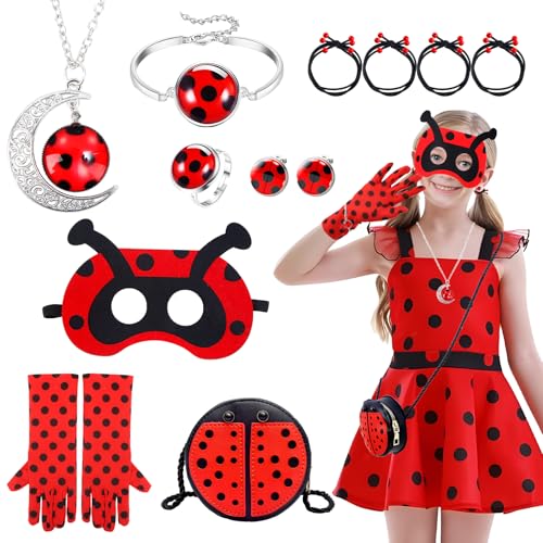 Marienkäfer Kostüm Zubehör Set 12 Stück Marienkäfer Party Cosplay Kostüm Zubehör mit Handschuhe Ohrringe Augenmaske, Halloween Karneval Fasching Cosplay von Kitimi