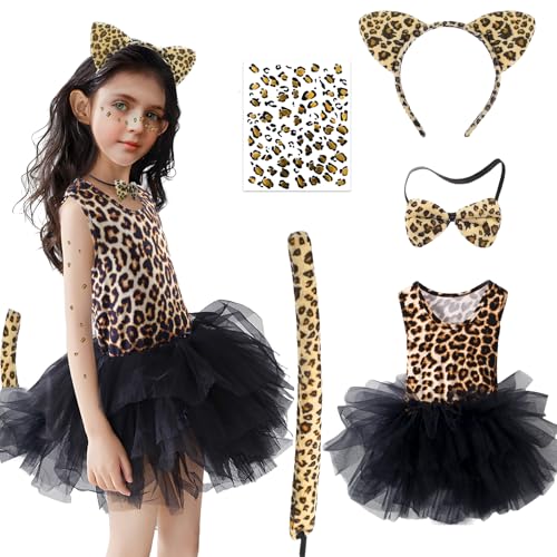 Kostüm Leopard Kinder, Leopard Kostüm Mädchen mit Leoparden Ohren Haarreif Schwanz Fliege Gesichts Kunst Aufkleber für Karneval Halloween Kostüm von Kitimi