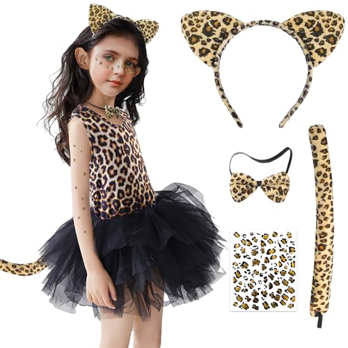 Kostüm Leopard Kinder, Leopard Kostüm Mädchen mit Leoparden Ohren Haarreif Schwanz Fliege Gesichts Kunst Aufkleber für Karneval Halloween Kostüm von Kitimi