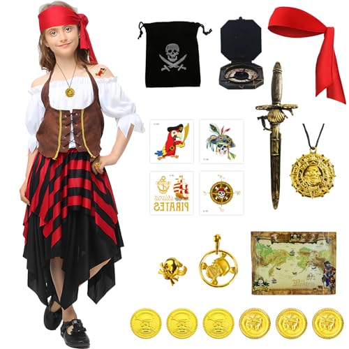 Piratenkostüm Mädchen, Piratenkostüm Kinder mit Kostüm Hut Kompass Geldbeutel Ohrring, Pirat Kostüm für Karneval, Halloween und Piraten Party Kinder Mädchen(L) von Kitimi