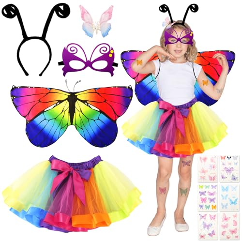 11 Stück Schmetterling Kostüm Kinder, Fasching Kostüm Mädchen, Mädchen Schmetterlingsflügel mit Maske Tutu Rock Tüllrock Haarreif Tattoos Schmetterling Umhang Flügel für Karneval Cosplay von Kitimi