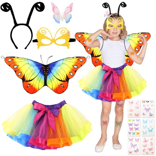 11 Stück Schmetterling Kostüm Kinder, Fasching Kostüm Mädchen, Mädchen Schmetterlingsflügel mit Maske Tutu Rock Tüllrock Haarreif Tattoos Schmetterling Umhang Flügel für Karneval Cosplay von Kitimi