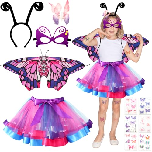 11 Stück Schmetterling Kostüm Kinder, Schmetterlingsflügel Kostüm Kinder, Mädchen Schmetterlingsflügel mit Maske Tutu Rock Tüllrock Haarreif Tattoos Schmetterling Umhang Flügel für Karneval Cosplay von Kitimi