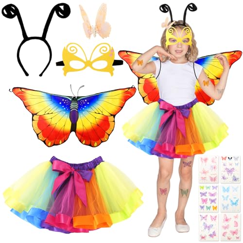 11 Stück Schmetterling Kostüm Kinder, Fasching Kostüm Mädchen, Mädchen Schmetterlingsflügel mit Maske Tutu Rock Tüllrock Haarreif Tattoos Schmetterling Umhang Flügel für Karneval Cosplay von Kitimi