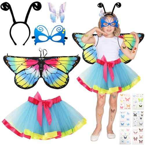 11 Stück Schmetterling Kostüm Kinder, Fasching Kostüm Mädchen, Mädchen Schmetterlingsflügel mit Maske Tutu Rock Tüllrock Haarreif Tattoos Schmetterling Umhang Flügel für Karneval Cosplay von Kitimi