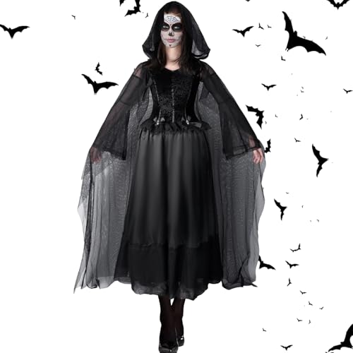 Halloween Kostüm Damen Geister,Geisterbraut Königin Kostüm chwarze Geisterbraut böse Königin,Böse Königin Umhang Abendkleid,Hexen Schwarze Robe für Halloween Fasching Karneval Vampir Zombie von Kitimi