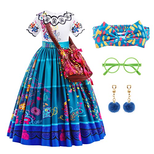 Miabel Kostüm Kinder Prinzessin Mädchen Kleid, Cartoon Encanto Mirabel Kostüm, Mirabel Isabela Dress mit Tasche Brille Ohrring und Haarband, Halloween Fasching Geburtstag Party Cosplay Kostüm Mädchen von Kitimi