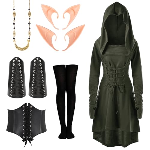 Mittelalter Kleidung Damen, Gothic Kleid, Renaissance Kleid, Mittelalte Mit Kapuze Langarm Retro Gothic, Kommt Gürtel, Kniestrümpfen, Armschützern und Halskette, Damen Cosplay Karneval Halloween von Kitimi