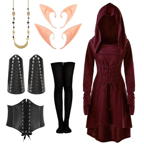 Mittelalter Kleidung Damen, Gothic Kleid, Renaissance Kleid, Mittelalte Mit Kapuze Langarm Retro Gothic, Kommt Gürtel, Kniestrümpfen, Armschützern und Halskette, Damen Cosplay Karneval Halloween von Kitimi